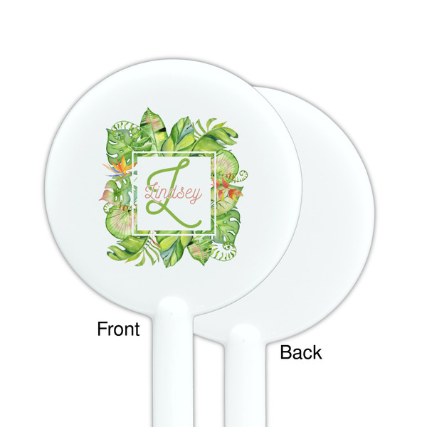 Tropical Leaves Border White Plastic 5.5" Stir Stick - Single Sided - Round - Front & Back