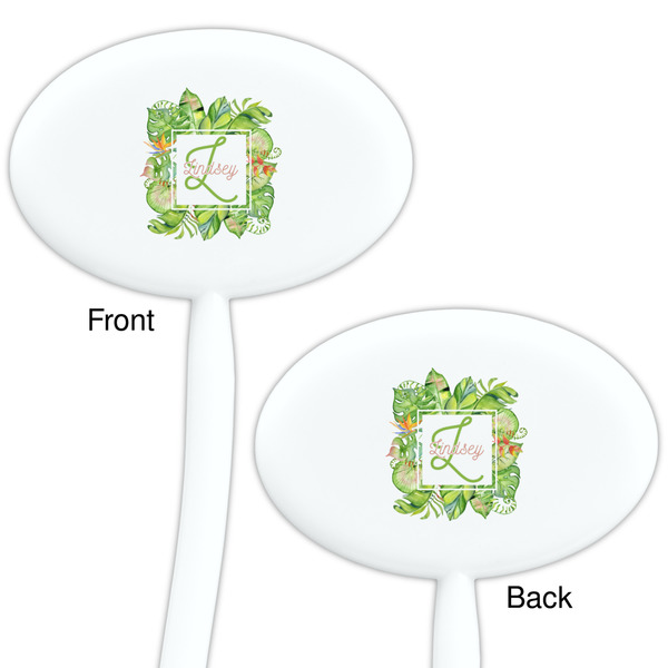 Tropical Leaves Border White Plastic 7" Stir Stick - Double Sided - Oval - Front & Back