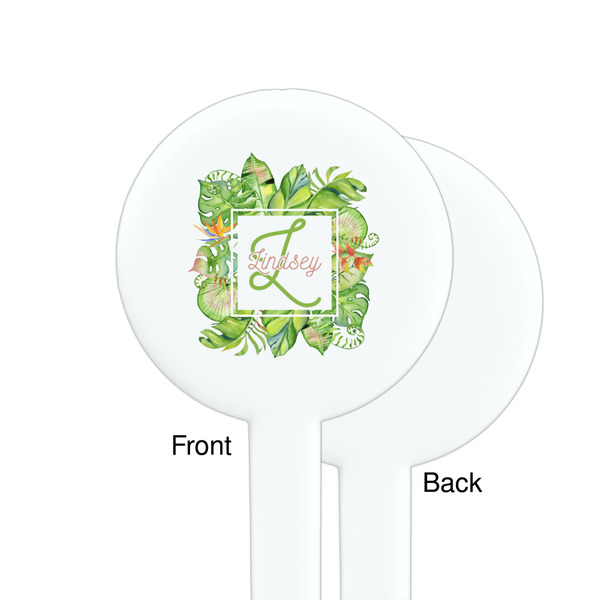 Tropical Leaves Border White Plastic 7" Stir Stick - Single Sided - Round - Front & Back