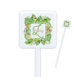 Tropical Leaves Border Square Plastic Stir Sticks - Single Sided (Personalized)