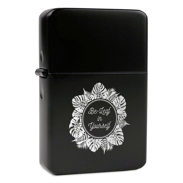 Custom Tropical Leaves Border Windproof Lighter - Black - Single Sided & Lid Engraved (Personalized)