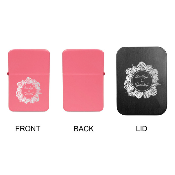 Tropical Leaves Border Windproof Lighters - Pink, Single Sided, w Lid - APPROVAL