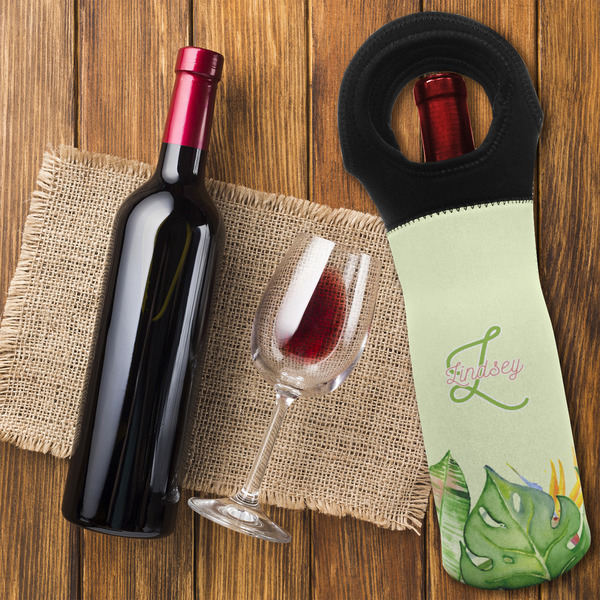 Tropical Leaves Border Wine Tote Bag - FLATLAY