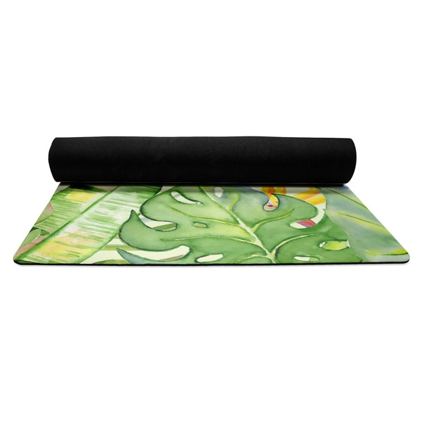 Tropical Leaves Border Yoga Mat Rolled up Black Rubber Backing