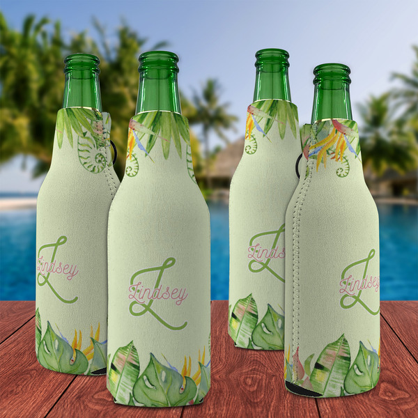 Tropical Leaves Border Zipper Bottle Cooler - Set of 4 - LIFESTYLE