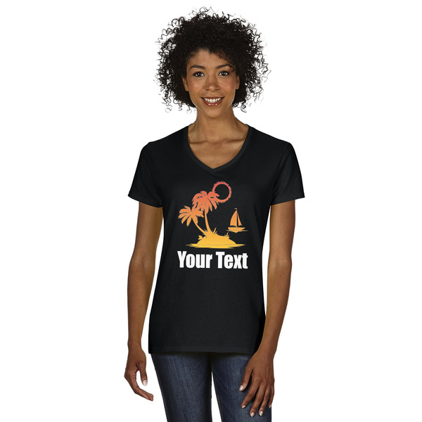 Custom Tropical Sunset Women's V-Neck T-Shirt - Black - Small (Personalized)