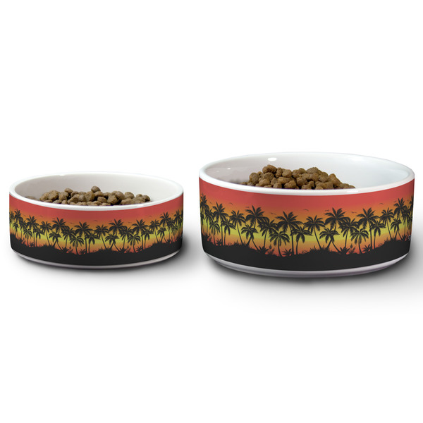 Tropical Sunset Ceramic Dog Bowls - Size Comparison