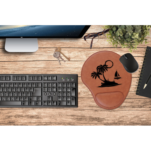 Tropical Sunset Cognac Leatherette Mousepad with Wrist Support - Lifestyle Image