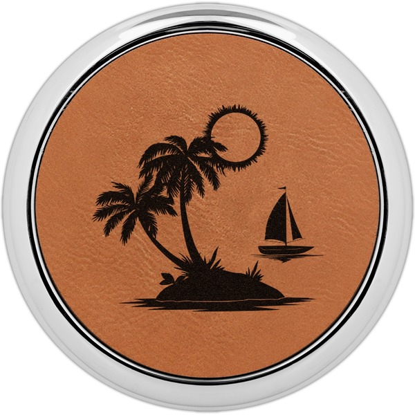 Custom Tropical Sunset Leatherette Round Coaster w/ Silver Edge