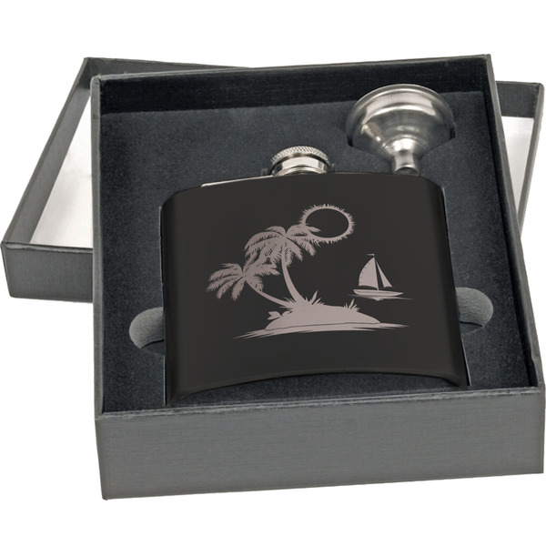 Tropical Sunset Engraved Black Flask Gift Set