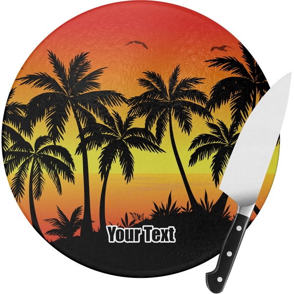 Custom Tropical Sunset Round Glass Cutting Board - Medium (Personalized)