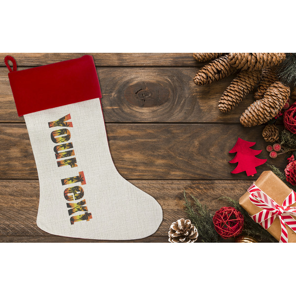 Tropical Sunset Linen Stocking w/Red Cuff - Flat Lay (LIFESTYLE)