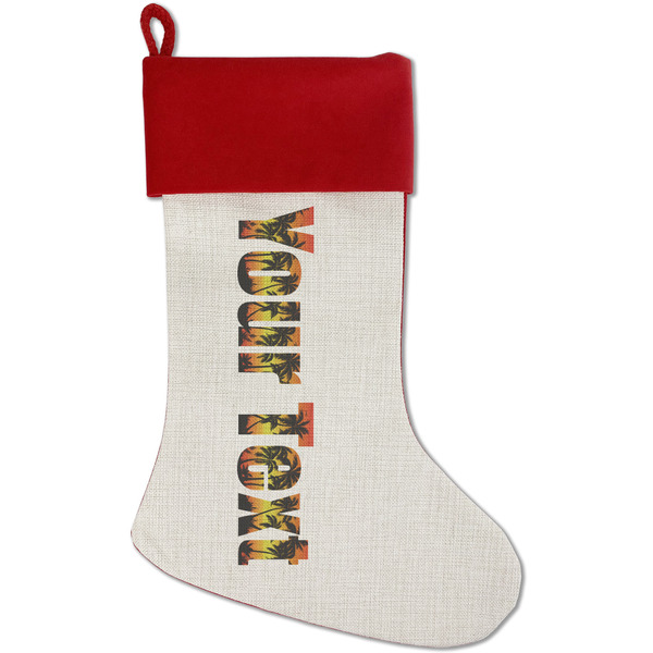 Custom Tropical Sunset Red Linen Stocking (Personalized)