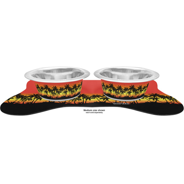 Tropical Sunset Metal Pet Bowls - On Dog Bone Shaped Mat