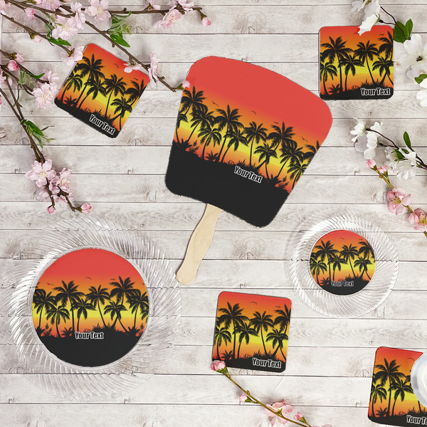 Tropical Sunset Party Supplies Combination Image - All items - Plates, Coasters, Fans