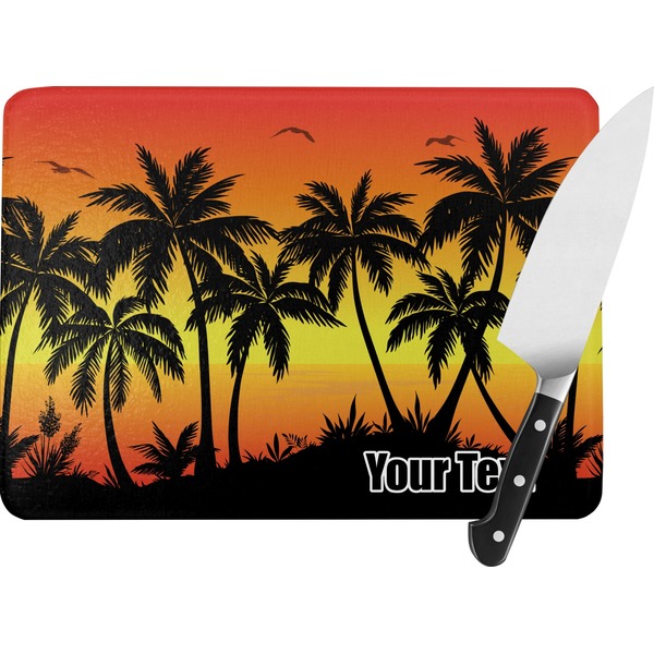Custom Tropical Sunset Rectangular Glass Cutting Board - Large - 15.25"x11.25" w/ Name or Text