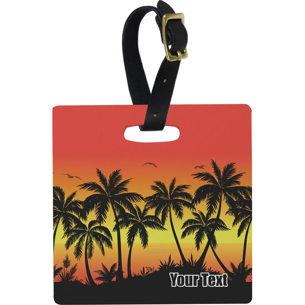 Custom Tropical Sunset Plastic Luggage Tag - Square w/ Name or Text