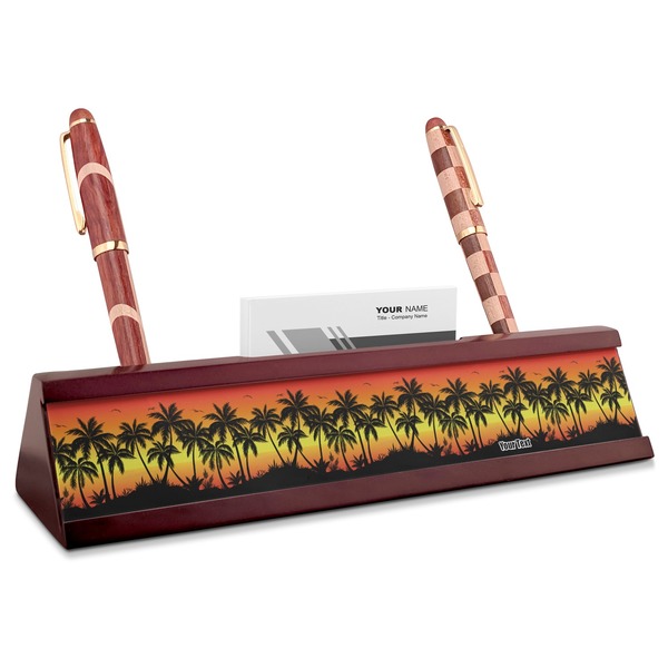 Custom Tropical Sunset Red Mahogany Nameplate with Business Card Holder (Personalized)