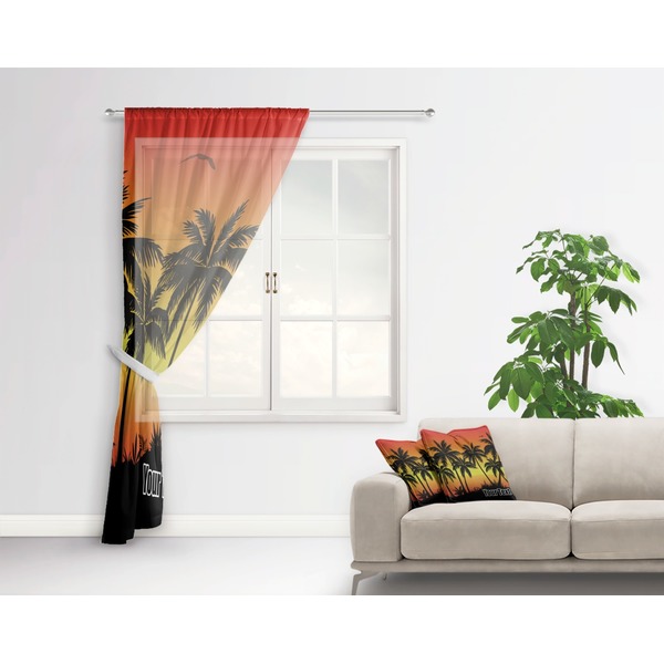 Tropical Sunset Sheer Curtain With Window and Rod - in Room Matching Pillow