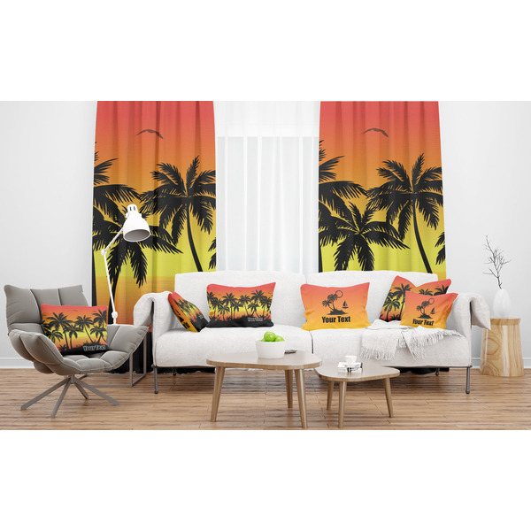 Tropical Sunset Sheer and Custom Curtains in Room with Matching Pillows