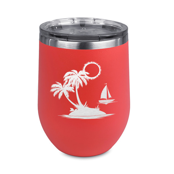 Custom Tropical Sunset Stemless Stainless Steel Wine Tumbler - Coral - Double Sided (Personalized)