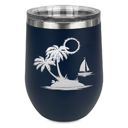 Tropical Sunset Stemless Stainless Steel Wine Tumbler - Navy - Double Sided (Personalized)