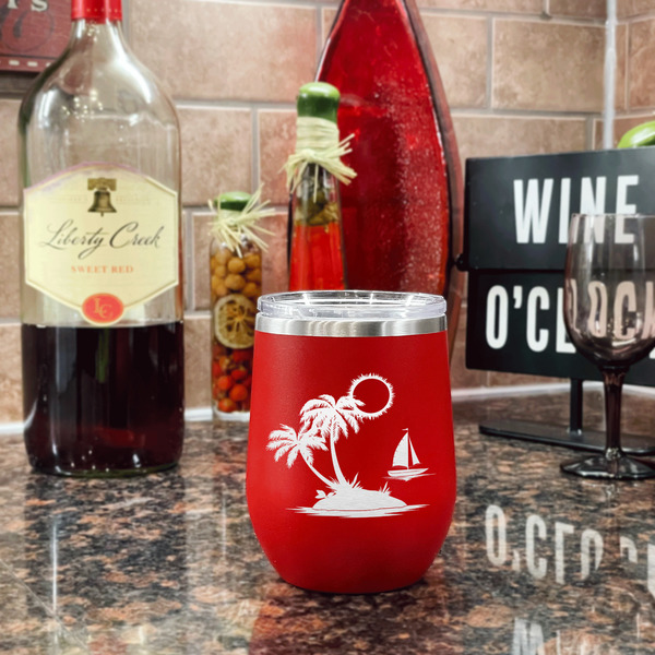Tropical Sunset Stainless Wine Tumblers - Red - Double Sided - In Context