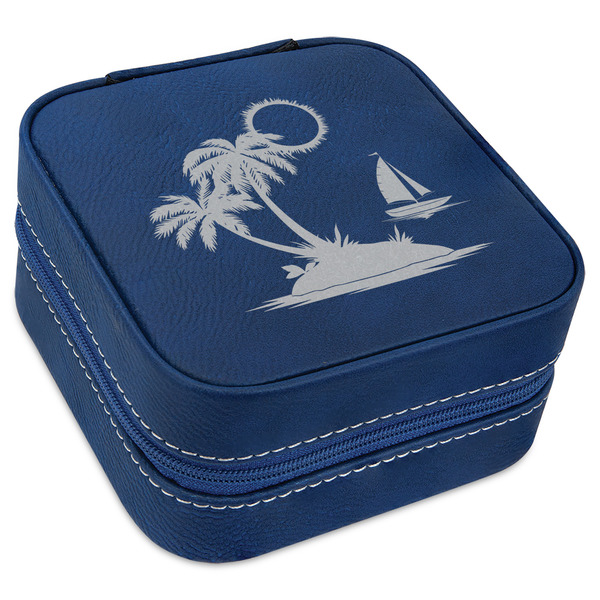 Custom Tropical Sunset Travel Jewelry Box - Navy Blue Leather
