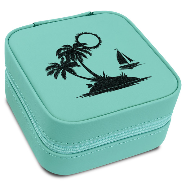Custom Tropical Sunset Travel Jewelry Box - Teal Leather