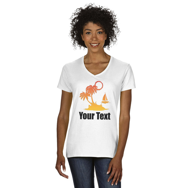Custom Tropical Sunset Women's V-Neck T-Shirt - White - Small (Personalized)