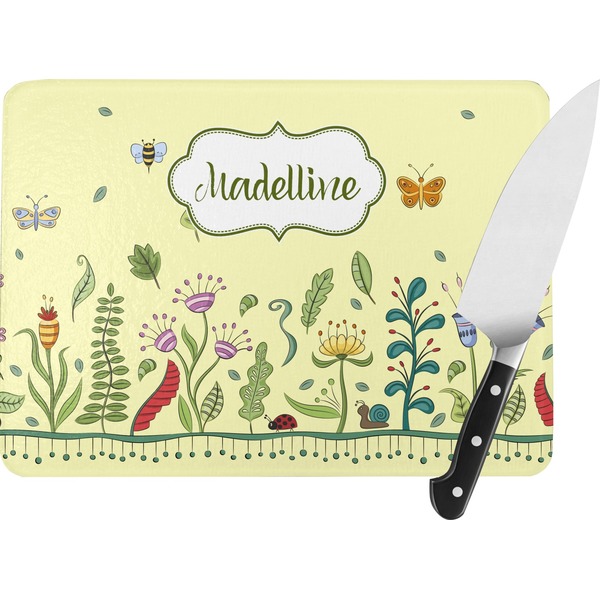 Custom Nature Inspired Rectangular Glass Cutting Board - Large - 15.25"x11.25" w/ Name or Text