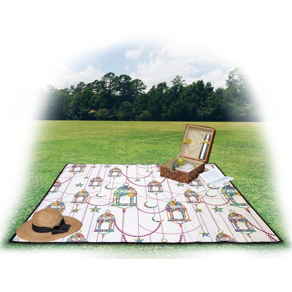 Moroccan Lanterns Picnic Blanket - with Basket Hat and Book - in Use