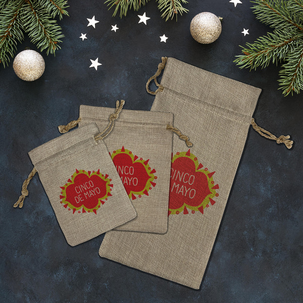Cinco De Mayo Burlap Gift Bags - LIFESTYLE (Flat lay)