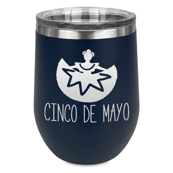 Custom Cinco De Mayo Stemless Stainless Steel Wine Tumbler - Navy - Double Sided