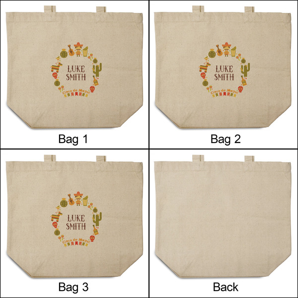 Fiesta - Cinco de Mayo 3 Reusable Cotton Grocery Bags - Front & Back View
