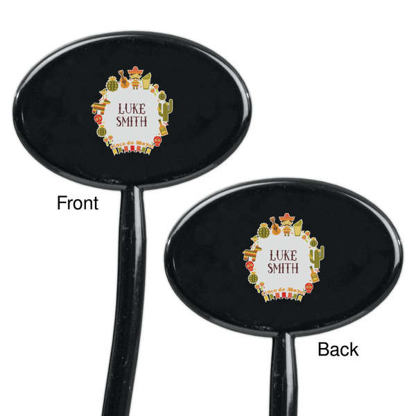 Fiesta - Cinco de Mayo Black Plastic 7" Stir Stick - Double Sided - Oval - Front & Back