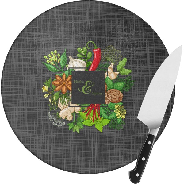 Custom Herbs & Spices Round Glass Cutting Board - Small (Personalized)