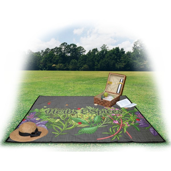 Herbs & Spices Picnic Blanket - with Basket Hat and Book - in Use
