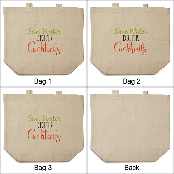 Cocktails 3 Reusable Cotton Grocery Bags - Front & Back View