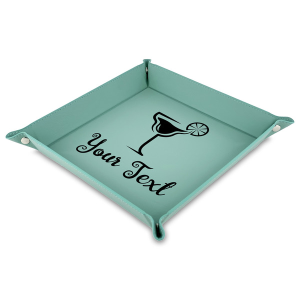 Custom Cocktails Faux Leather Dice Tray - 9" x 9"  - Teal (Personalized)