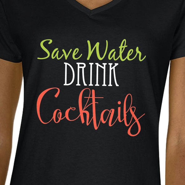 Cocktails Black V-Neck T-Shirt on Model - CloseUp