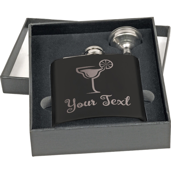 Cocktails Engraved Black Flask Gift Set