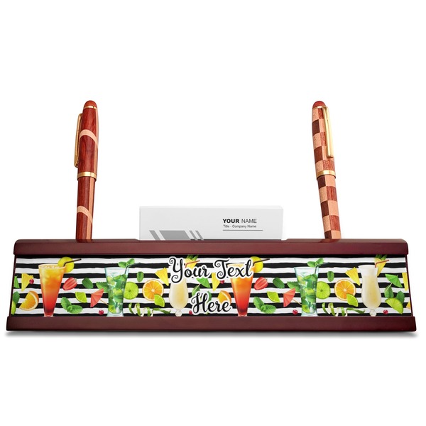 Cocktails Red Mahogany Nameplates with Business Card Holder - Straight