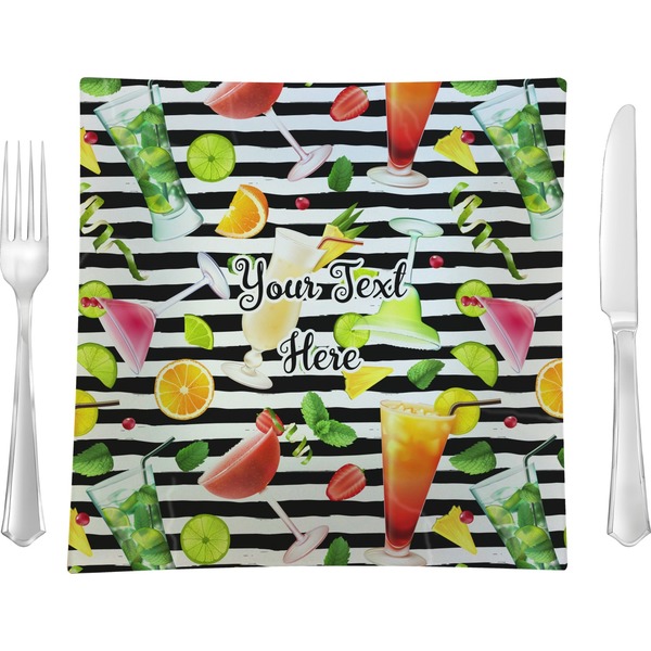 Custom Cocktails 9.5" Glass Square Lunch / Dinner Plate- Single or Set of 4 (Personalized)