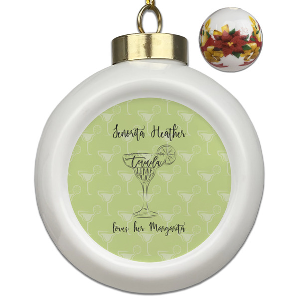 Custom Margarita Lover Ceramic Ball Ornaments - Poinsettia Garland (Personalized)