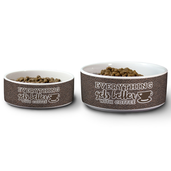Coffee Addict Ceramic Dog Bowls - Size Comparison