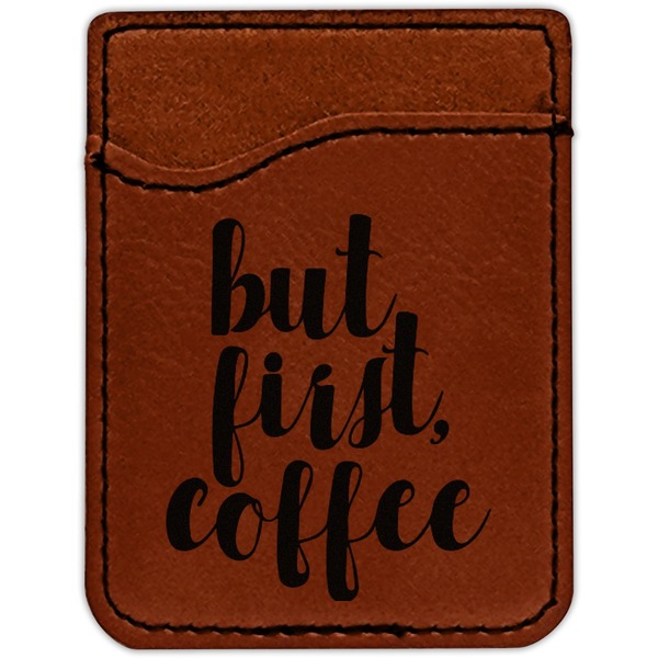 Coffee Addict 2 Cognac Leatherette Phone Wallet close up