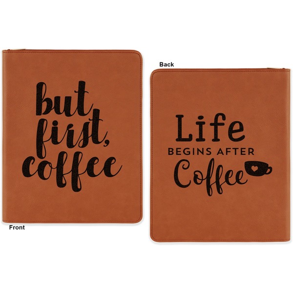 Coffee Addict 2 Cognac Leatherette Zipper Portfolios with Notepad - Double Sided - Apvl