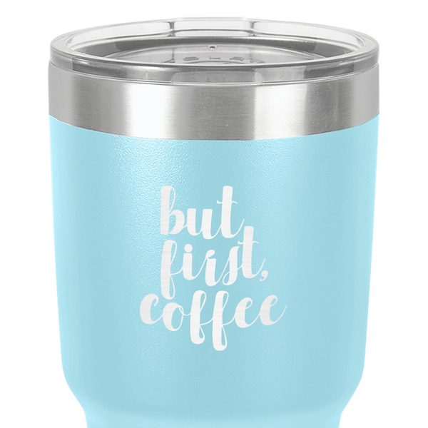 Coffee Addict 30 oz Stainless Steel Ringneck Tumbler - Teal - Close Up