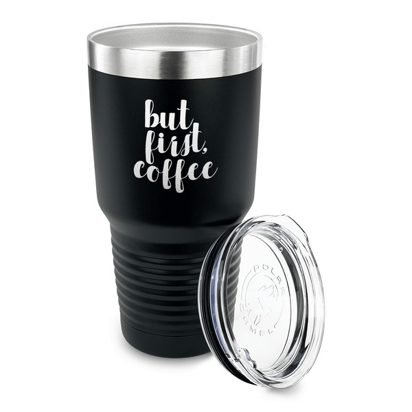 Coffee Addict 30 oz Stainless Steel Ringneck Tumblers - Black - LID OFF